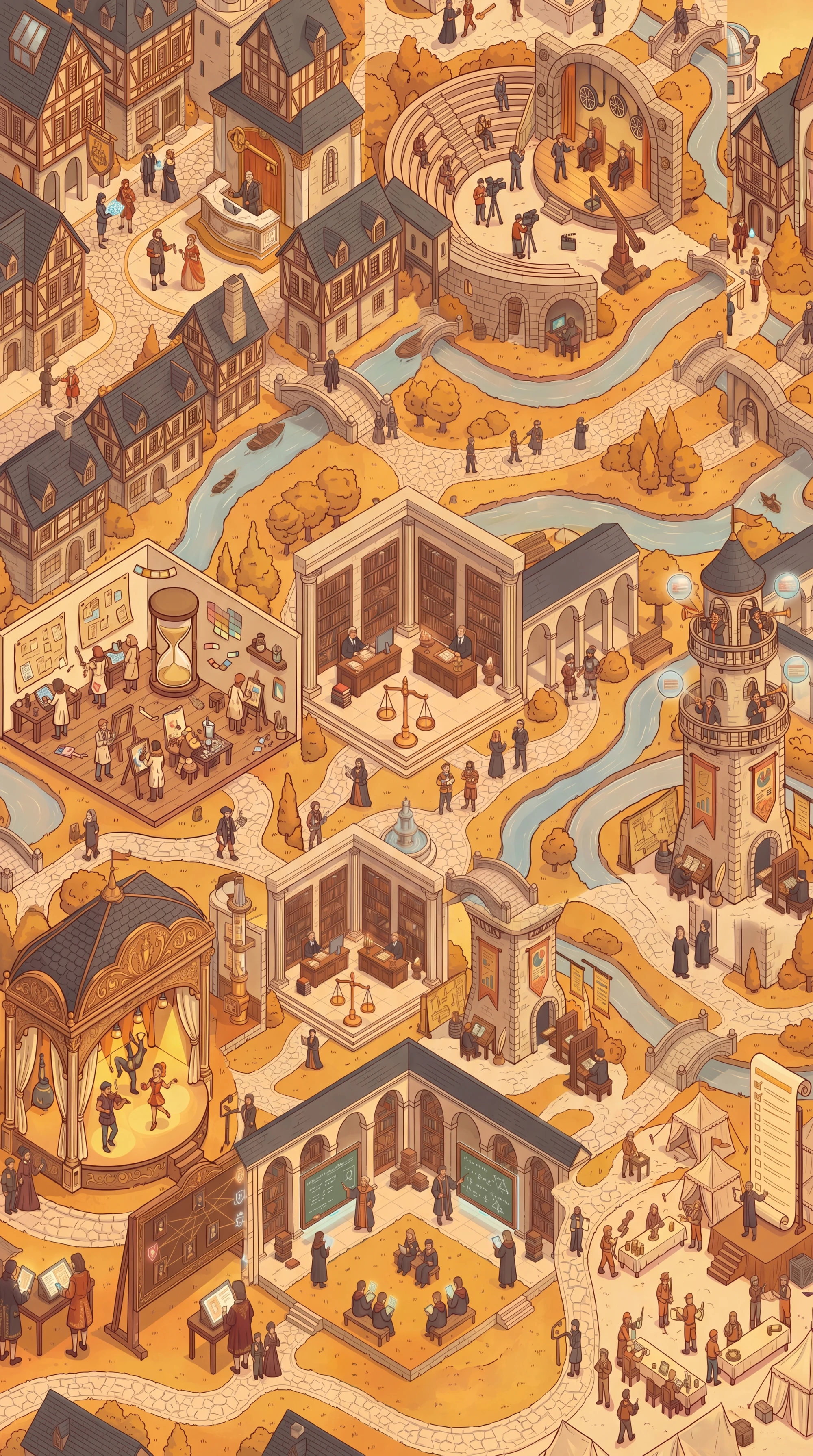 Mapa ilustrado de una villa donde cada distrito representa un sector de negocio